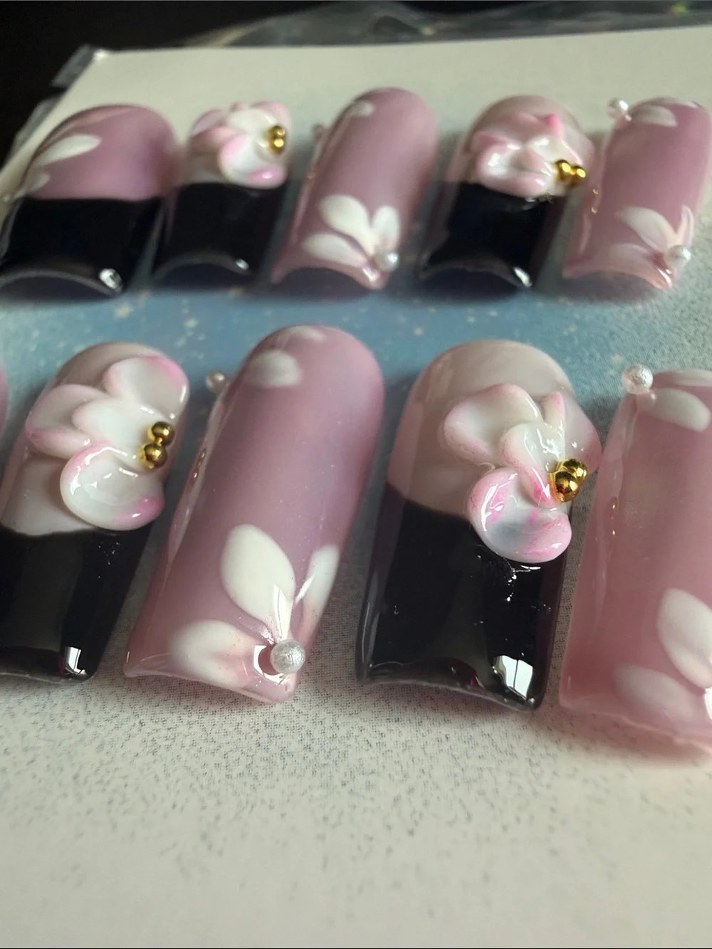 Pink Floral Press-On Nails with Black Tips